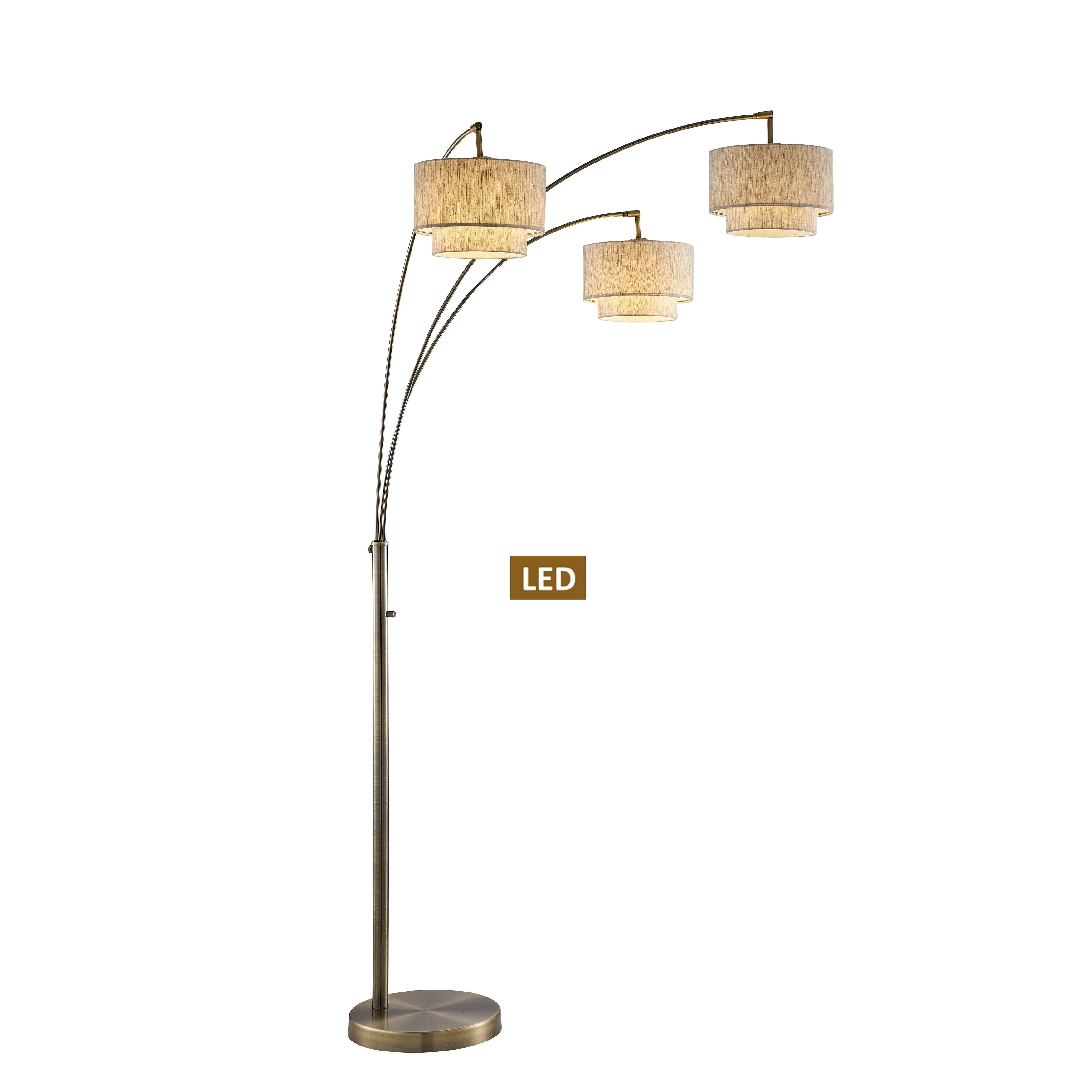 Antique Brass Adjustable Arc Floor Lamp with Double Tan Shades