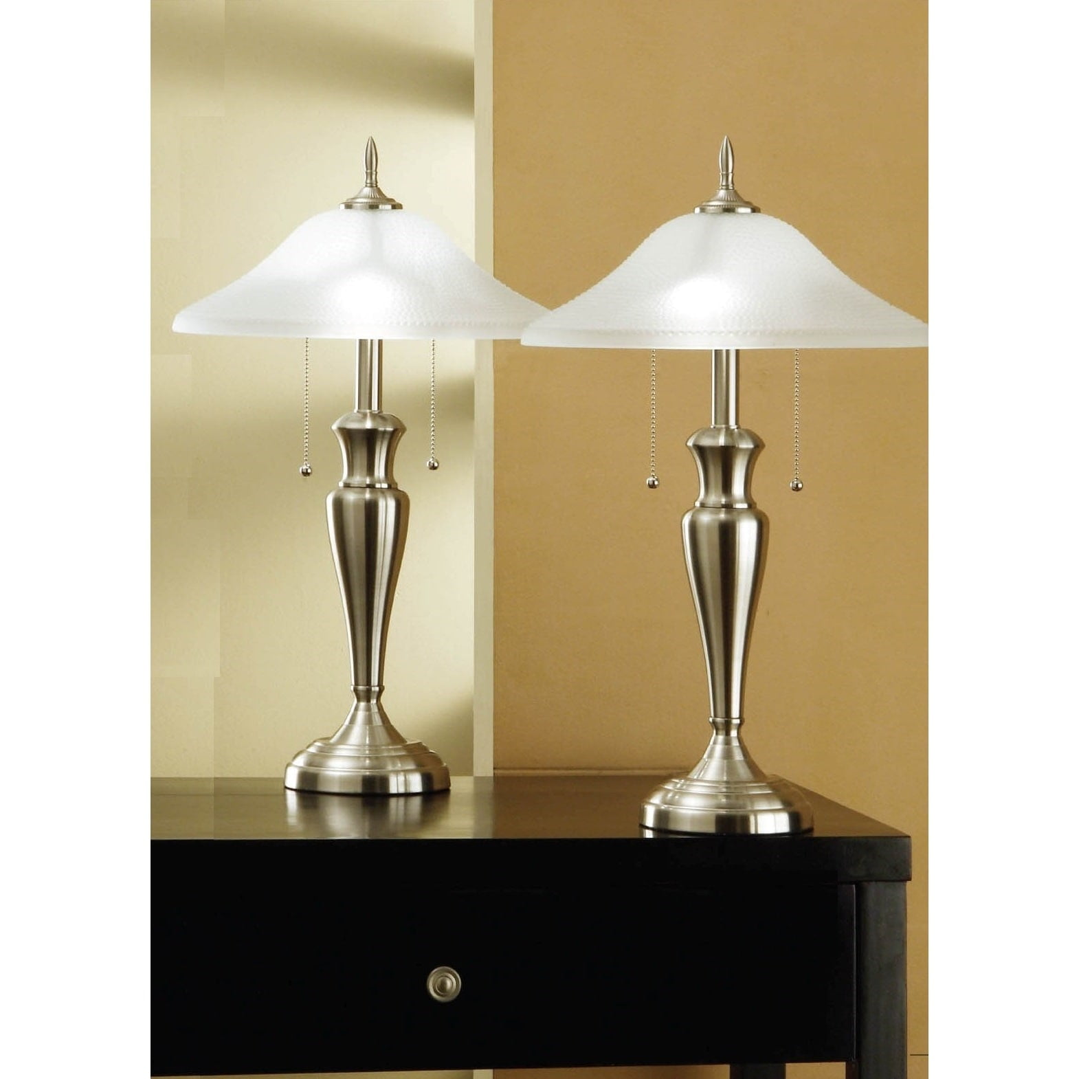 24-Inch Brushed Steel Table Lamps with Glass Shades Set
