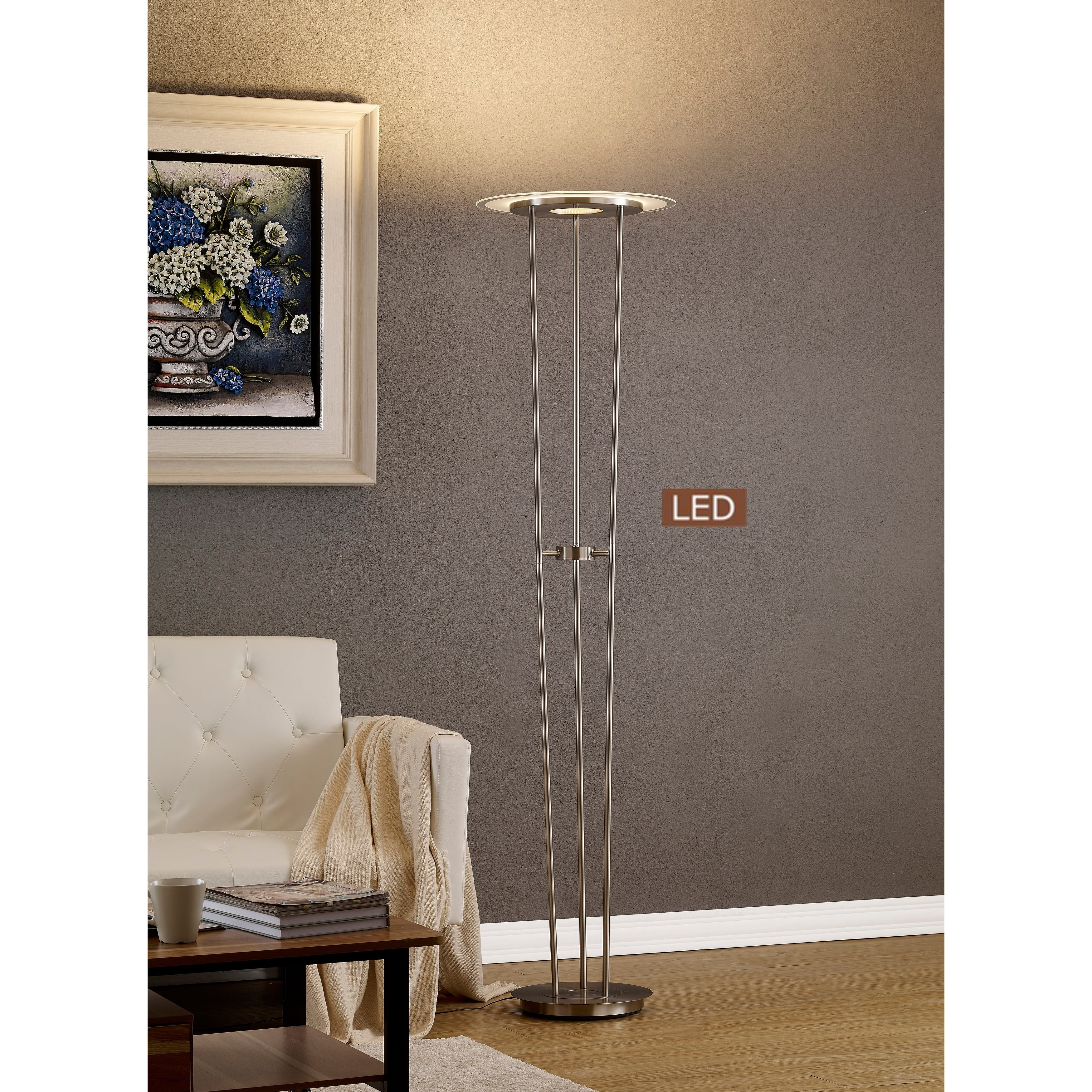 Luciano 72" Satin Nickel LED Touch Dimmer Torchiere Floor Lamp