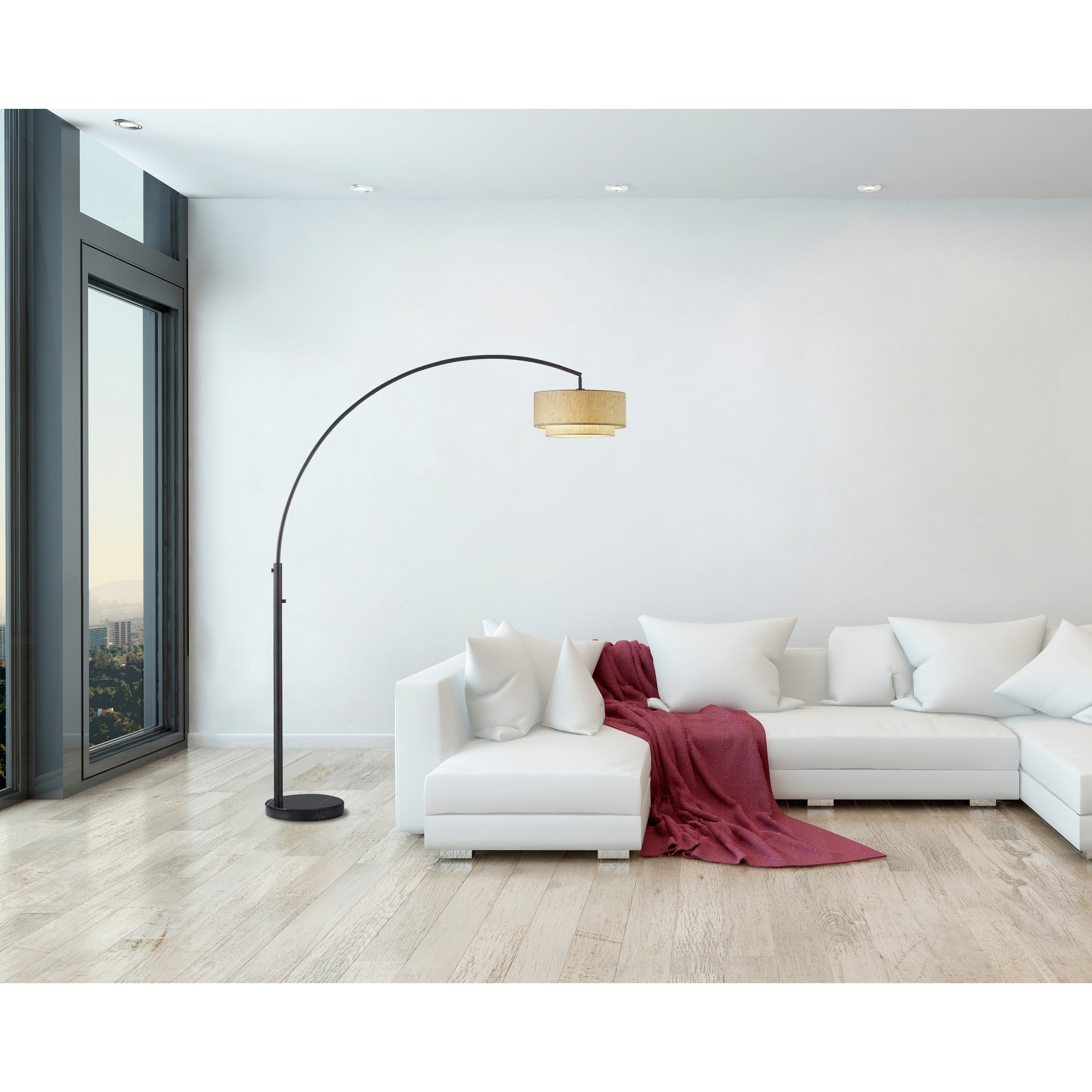 83" Dark Bronze Adjustable Arc LED Floor Lamp with Tan Drum Shade