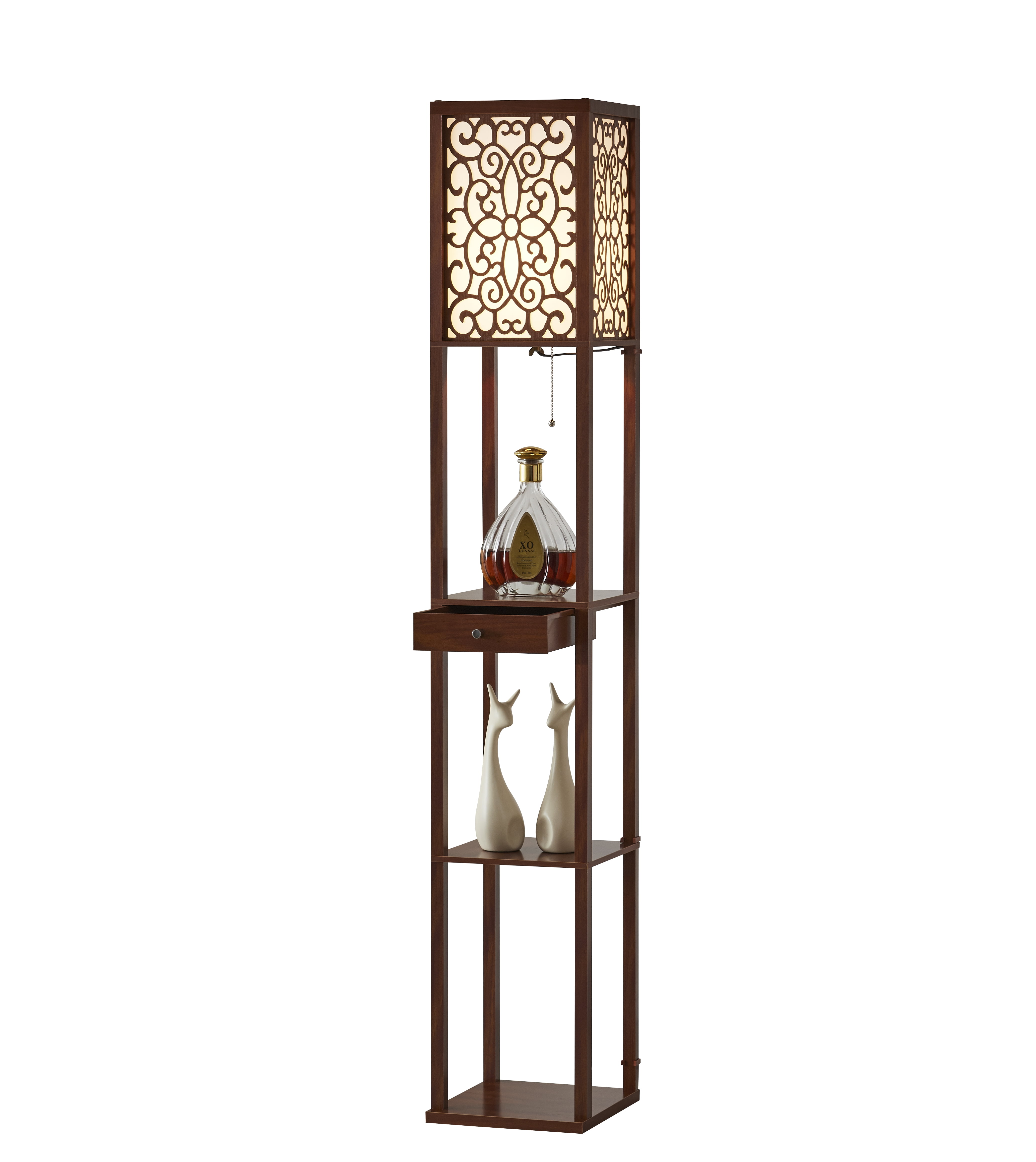 Dark Walnut Etagere Shelf Floor Lamp with Drawer