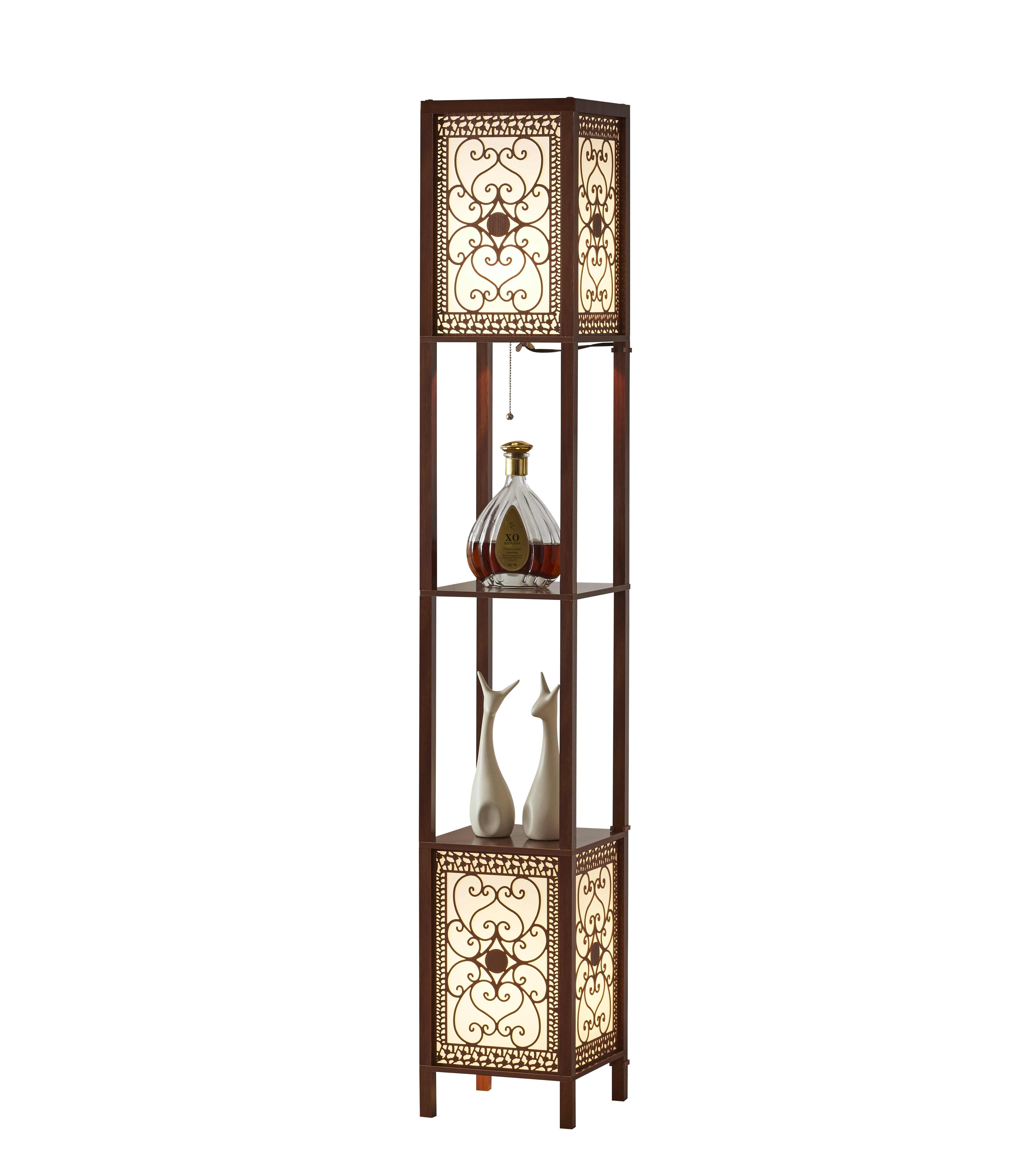 Dark Walnut 64" Floor Lamp with Shelves and Heart Panels