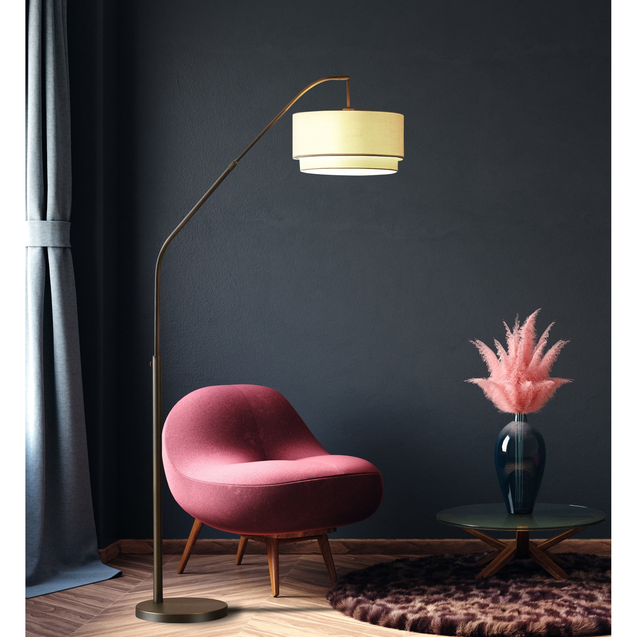 Artiva USA Lumiere III 80" Arched LED Floor Lamp With Dimmer - Antique Bronze, Double Drum Shades