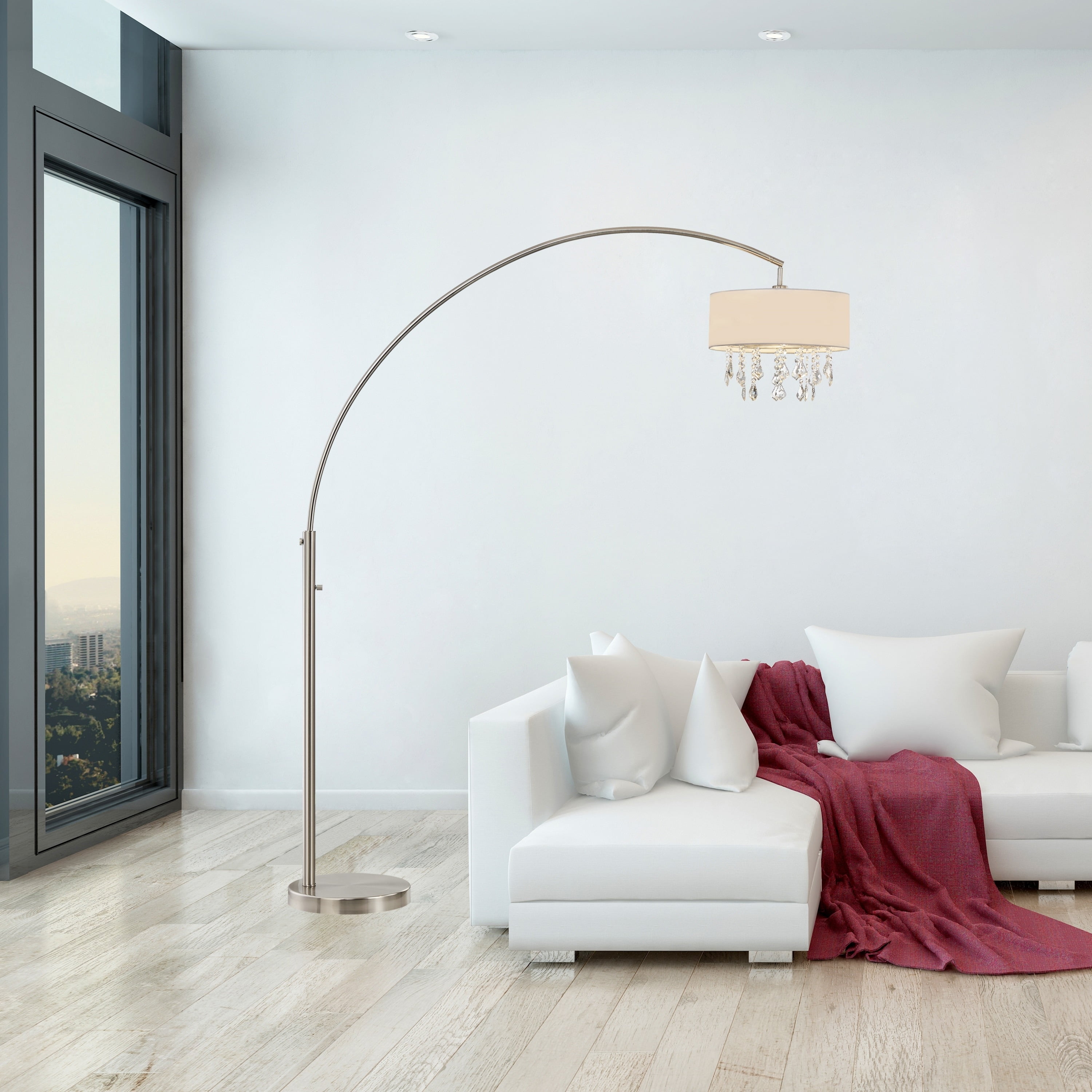Elena III Satin Nickel Arc Floor Lamp with Crystal Drops and Off-White Shade