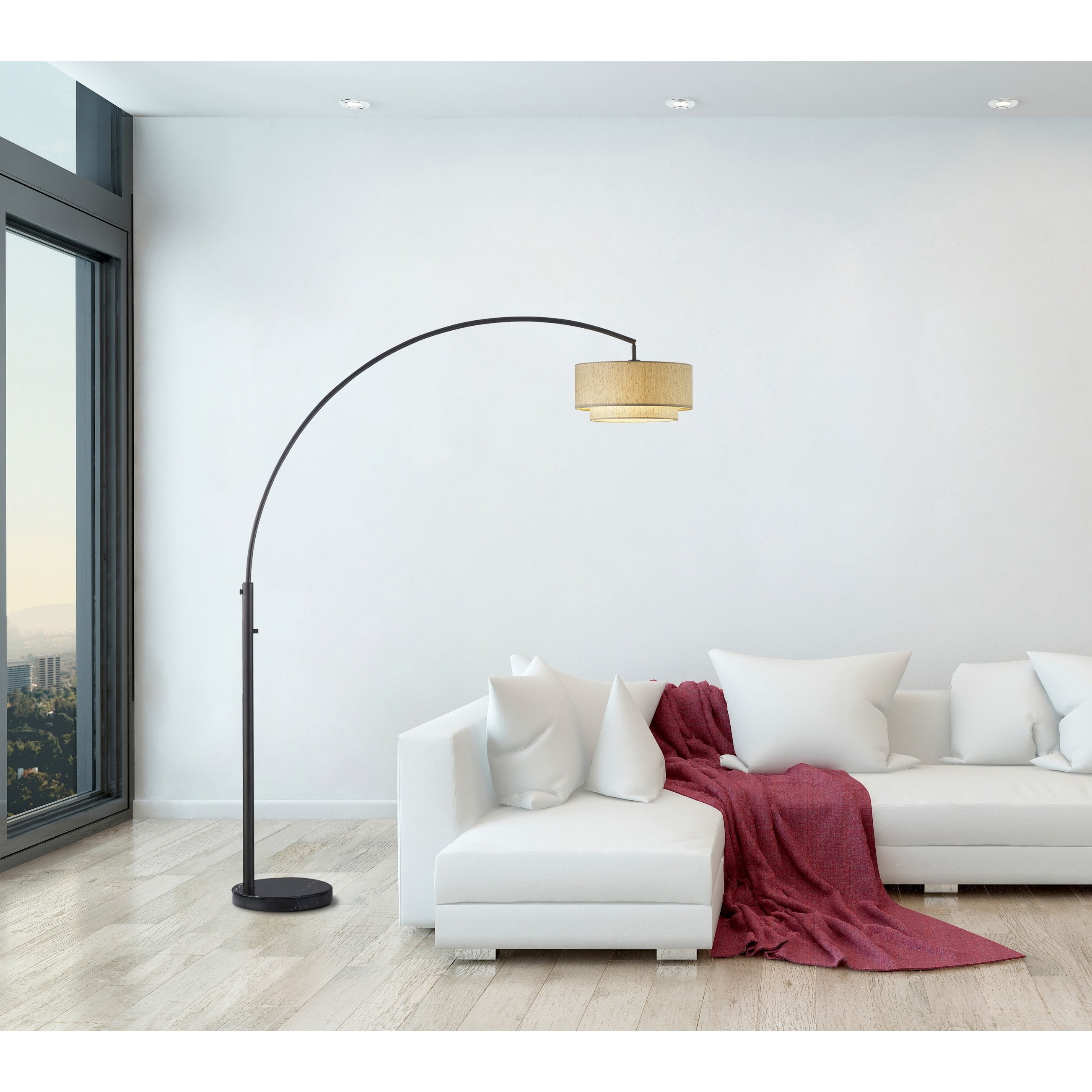 Adjustable Black Arc Floor Lamp with Tan Double Shade and Marble Base
