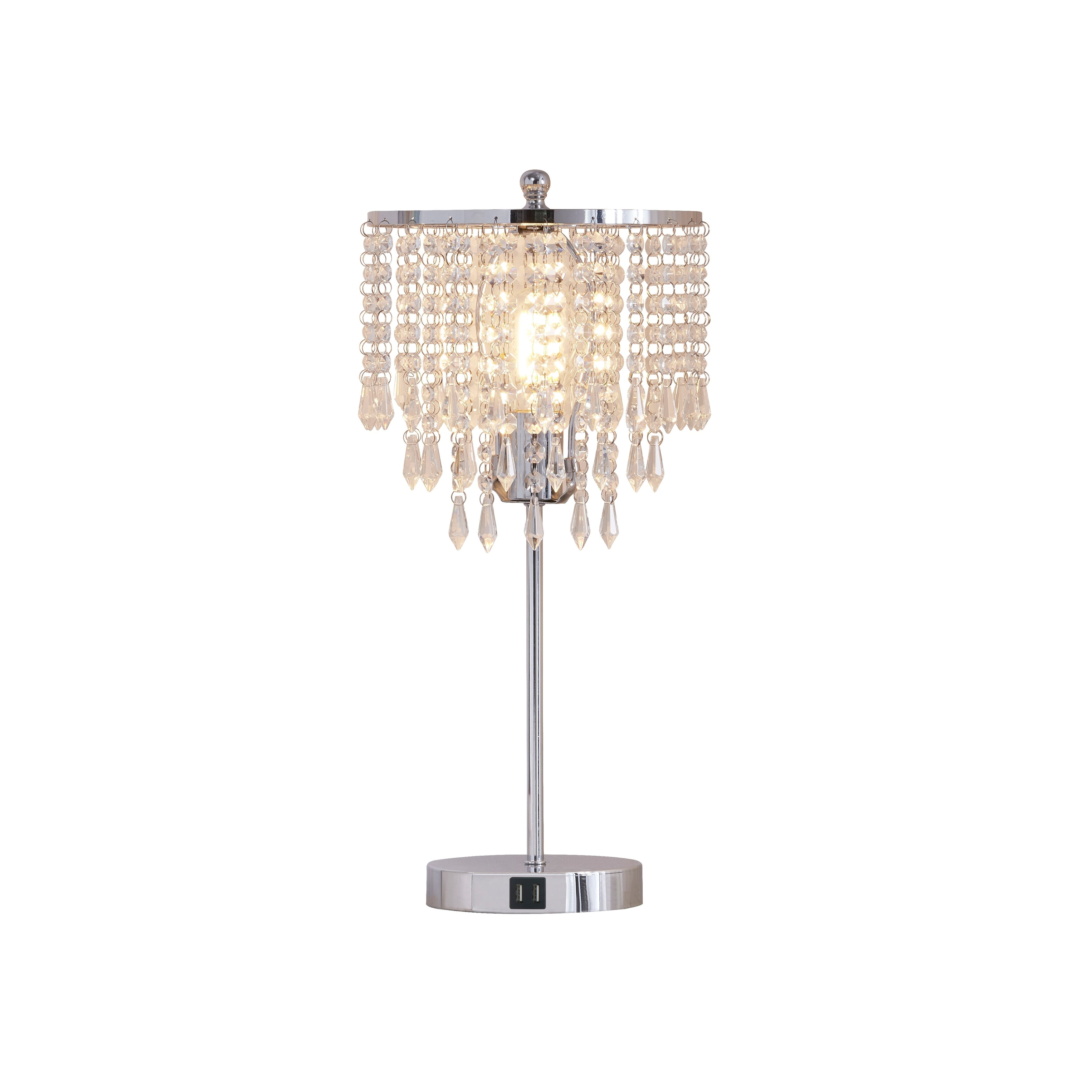20" Silver Crystal Touch Table Lamp with USB Ports