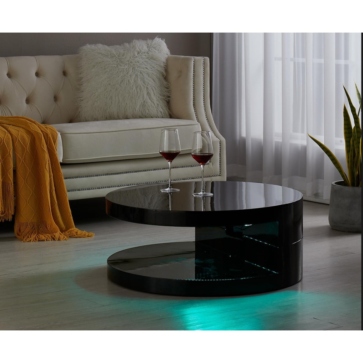 Round Black Wood Coffee Table with LED Lights