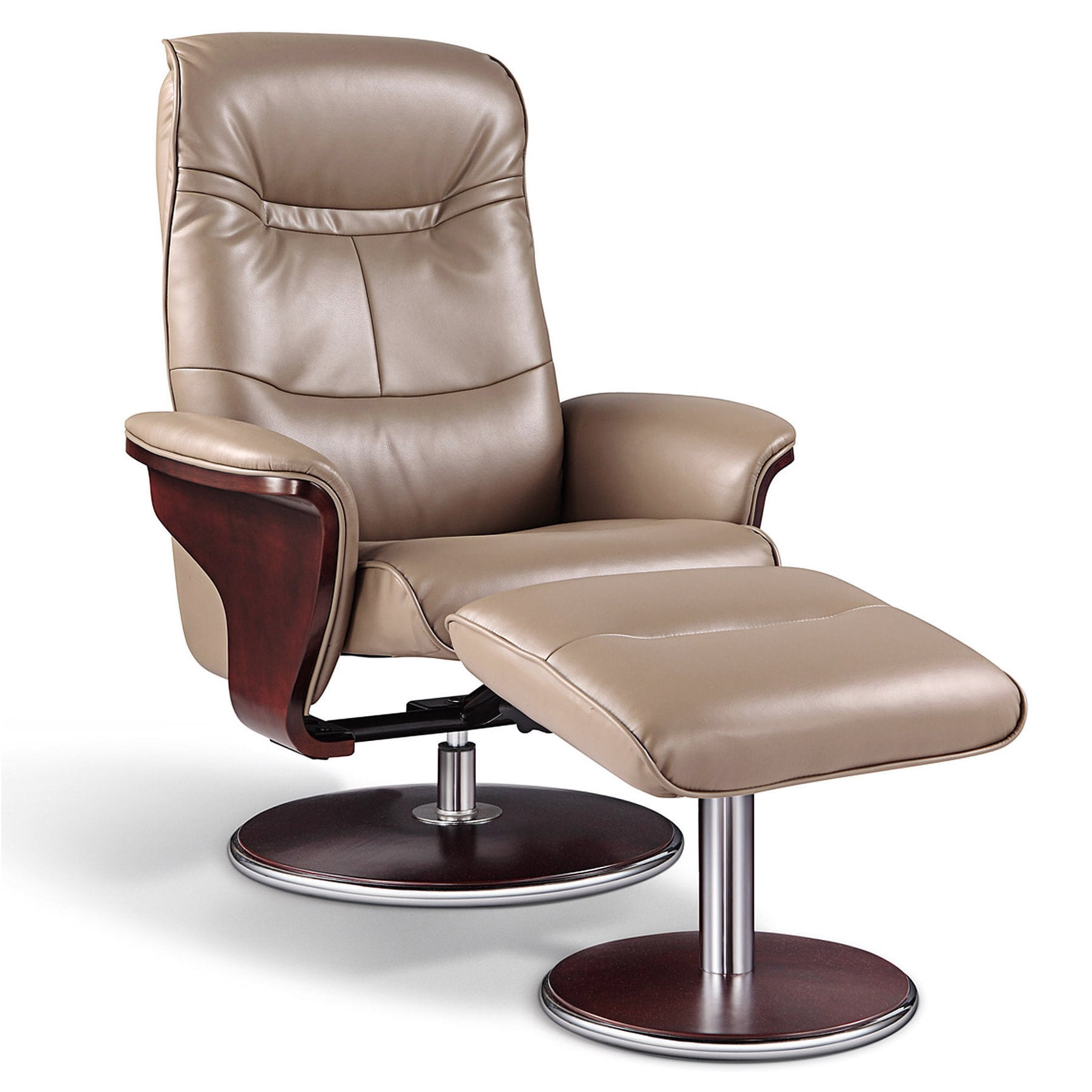 Modern Latte Leather Swivel Recliner with Ottoman and Dark Mahogany Base
