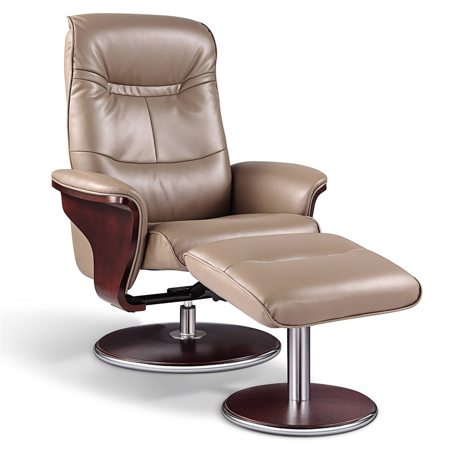 Modern Latte Leather Swivel Recliner with Ottoman and Dark Mahogany Base