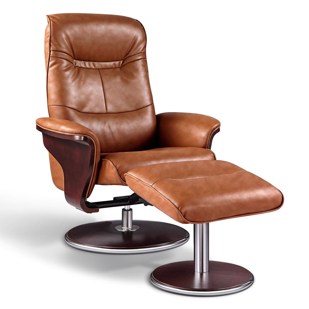 Modern Brown Leather Swivel Recliner with Ottoman