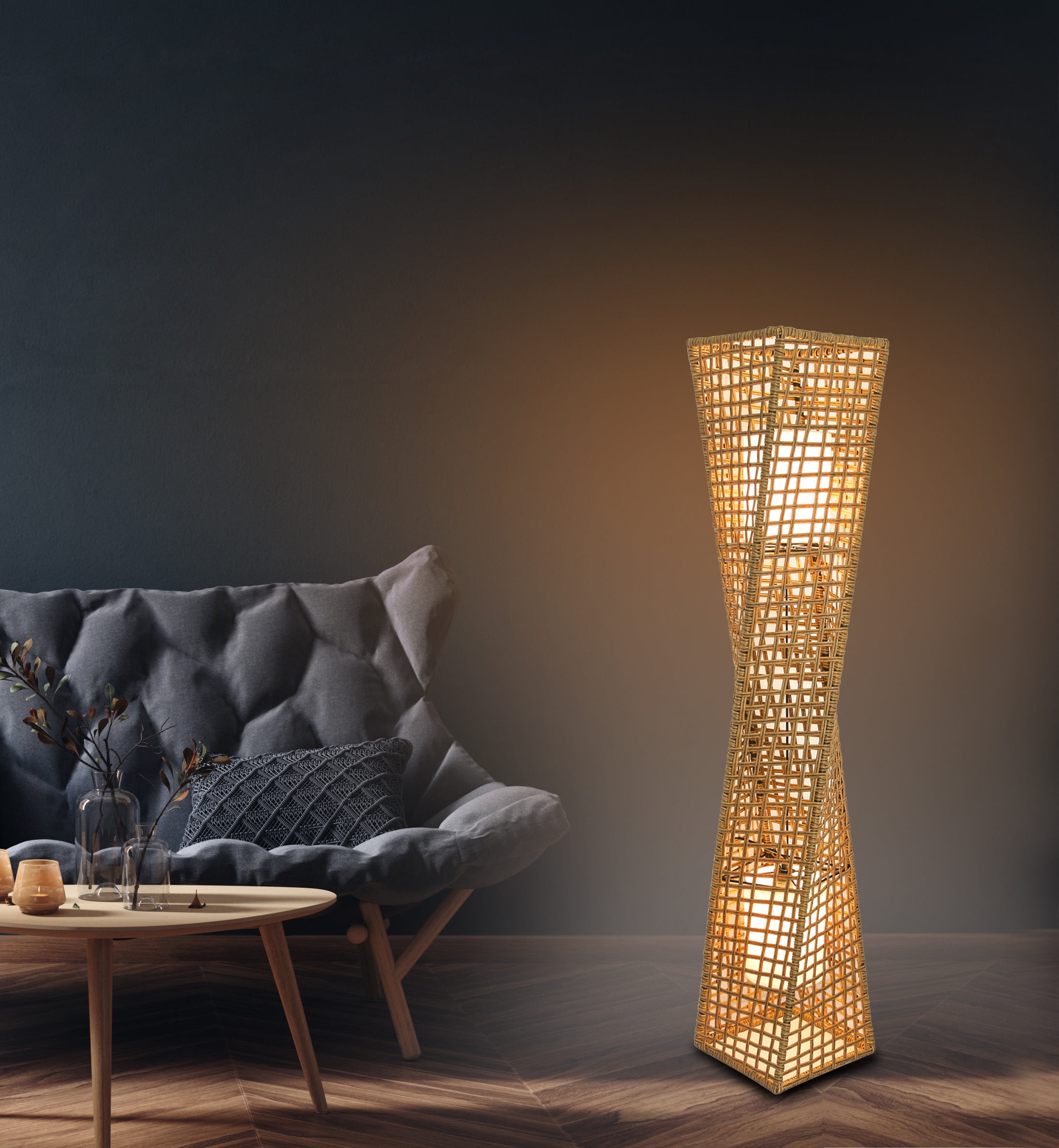 Phuket Twist 51" Handcrafted Rattan Floor Lamp with Linen Shades