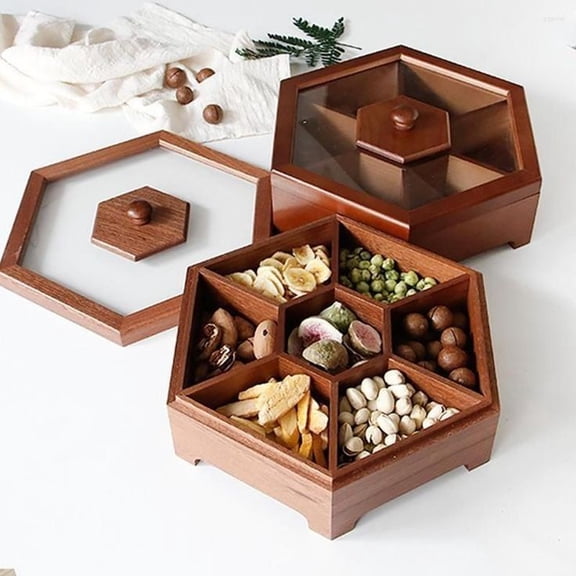 Artival Crafts Hexagonal Spice & Dry Fruit Box, Sheesham Wood, 7 Partitions, 1 Wooden Spoon | Multi-Purpose Uses