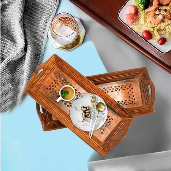 Artival Crafts Mango Wooden Carving Tray Set of 3 Trays, Designer Serving Tray Set, Antique Tray Set with Handle