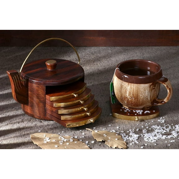 Artival Crafts Wooden Kettle Coaster, 6 Coasters, 12 x 12 x 7.5 cm | Tea Cups Coffee Mugs Beer Cans Bar Tumblers and Water Glasses (Kettle Shape)