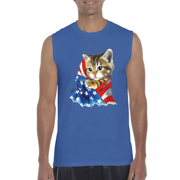 Artix - Men's Graphic T-Shirt Sleeveless, up to Men Size 3XL - American Flag 4th of July Kitty