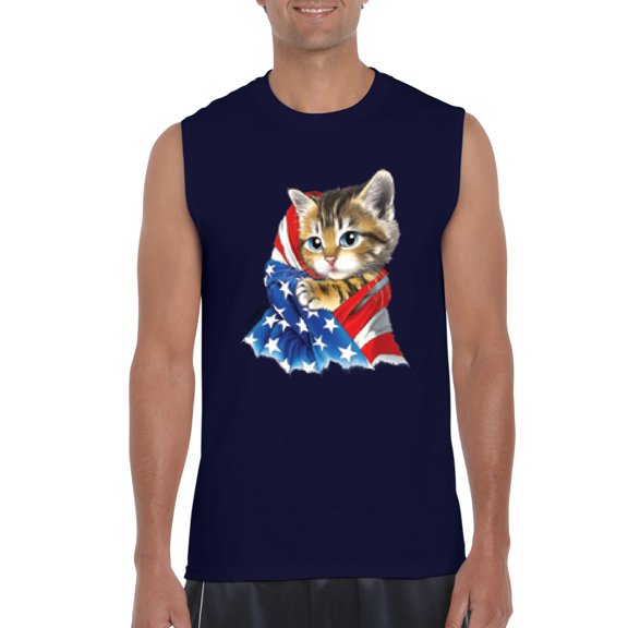 Artix - Men's Graphic T-Shirt Sleeveless, up to Men Size 3XL - American Flag 4th of July Kitty