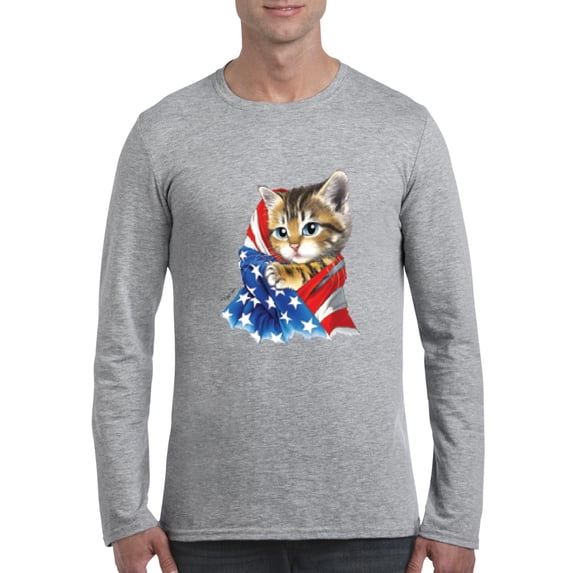 Artix - Mens Long Sleeve T-Shirts - American Flag 4th of July Kitty