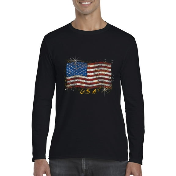 Artix - Mens Long Sleeve T-Shirts, up to Size 5XL - American Flag USA in Gold