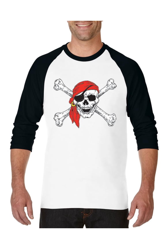 - Mens Raglan Sleeve Baseball T-Shirts - Jolly Roger Skull & Crossbones
