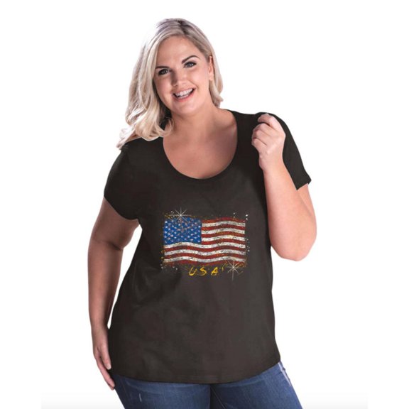 Artix - Women's Plus Size Curvy T-Shirt - American Flag USA in Gold