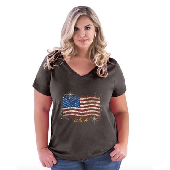 Artix - Women's Plus Size V-neck T-Shirt - American Flag USA in Gold