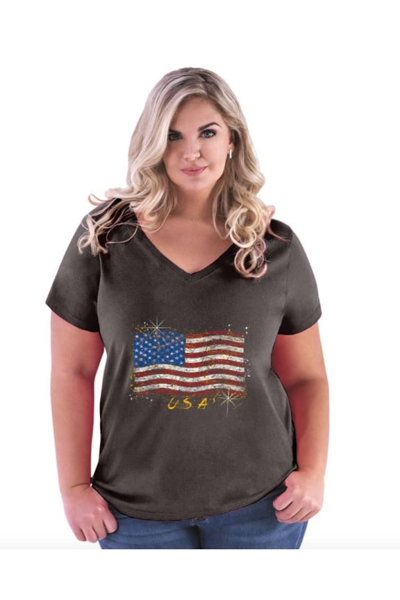 Artix - Women's Plus Size V-neck T-Shirt - American Flag USA in Gold