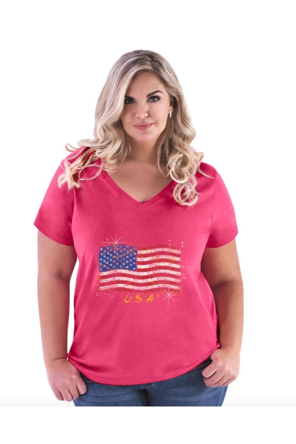 - Women's Plus Size V-neck T-Shirt - American Flag USA in Gold