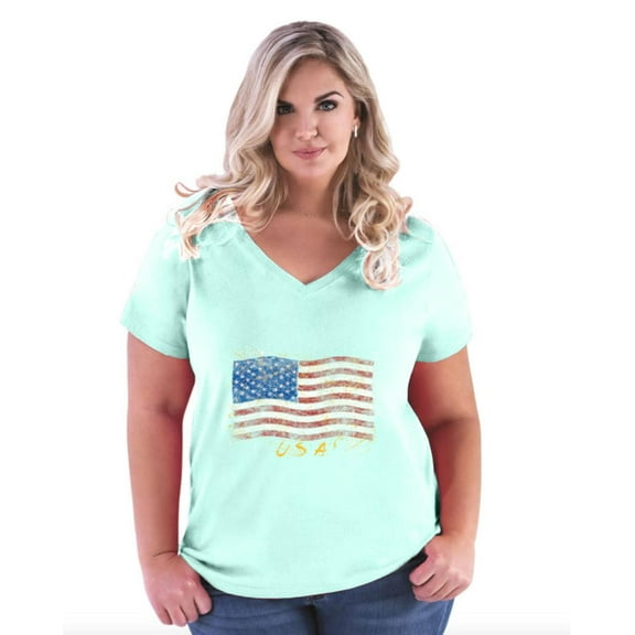 Artix - Women's Plus Size V-neck T-Shirt - American Flag USA in Gold