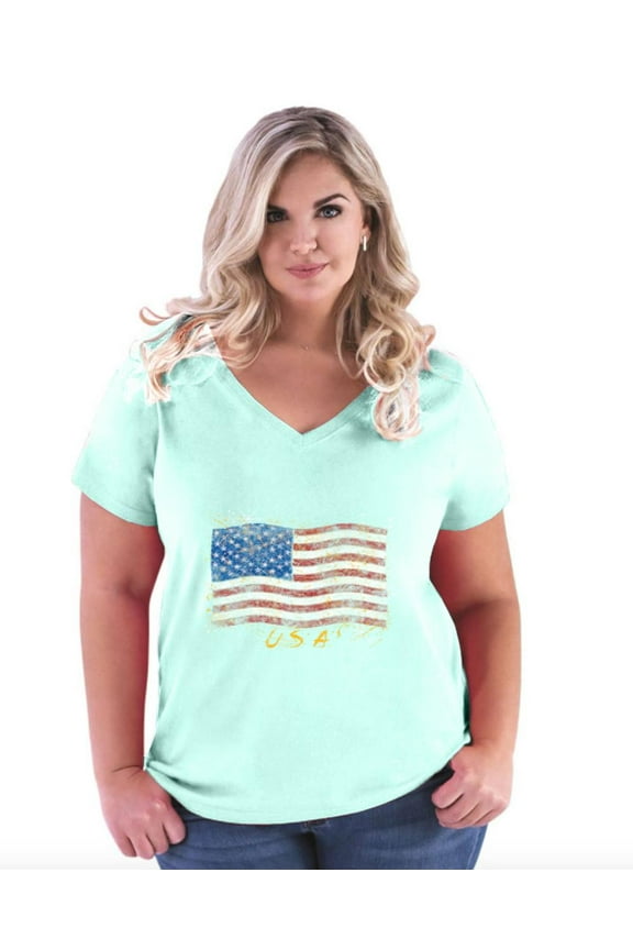 - Women's Plus Size V-neck T-Shirt - American Flag USA in Gold