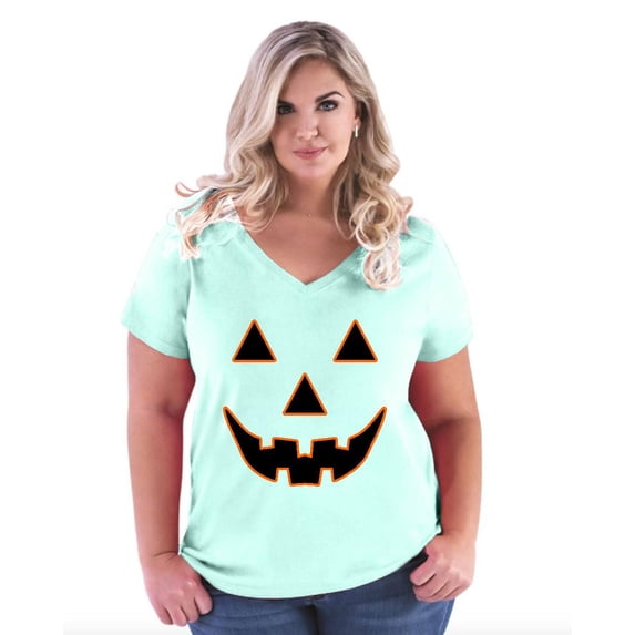 Artix - Women's Plus Size V-neck T-Shirt - Halloween Costume Pumpkin Face