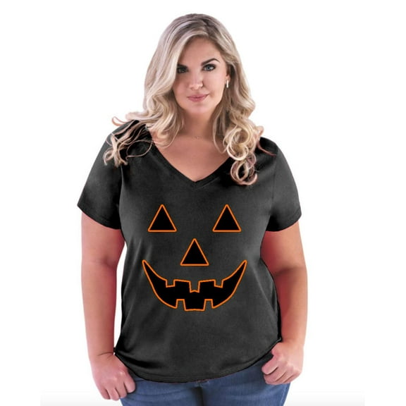 Artix - Women's Plus Size V-neck T-Shirt - Halloween Costume Pumpkin Face