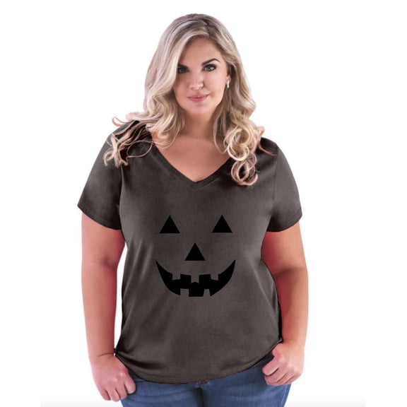 Artix - Women's Plus Size V-neck T-Shirt - Halloween Costume Pumpkin Face