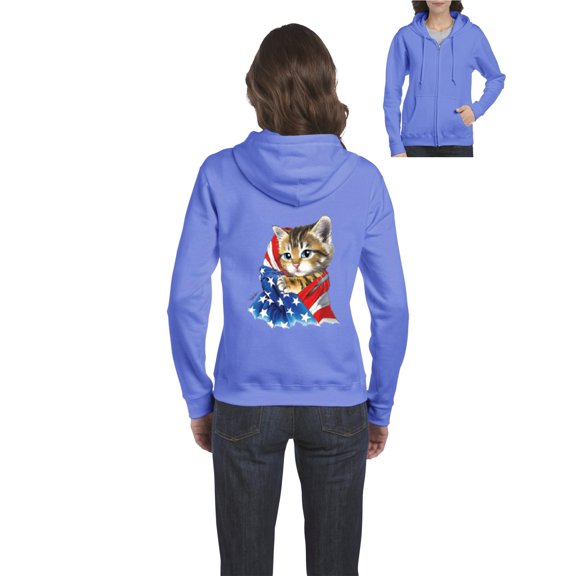 Artix - Women's Sweatshirt Full-Zip Pullover, up to Women Size 3XL - American Flag 4th of July Kitty