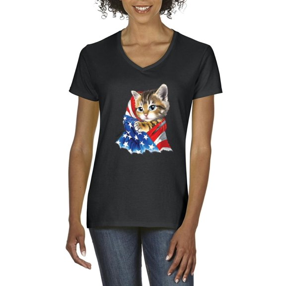 Artix - Women's T-Shirt V-Neck Short Sleeve - American Flag 4th of July Kitty