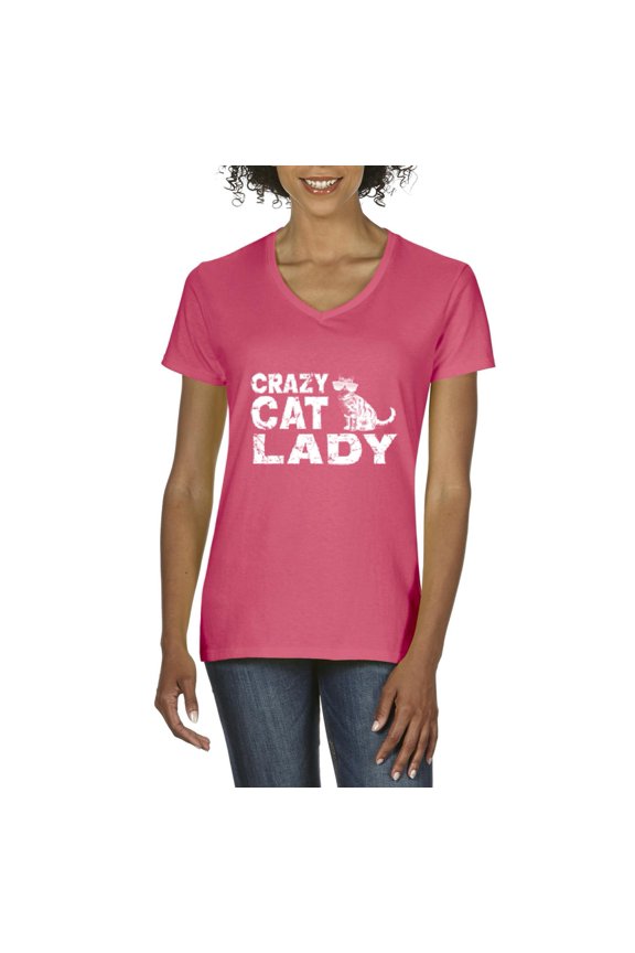 - Women's T-Shirt V-Neck Short Sleeve - Crazy Cat Lady