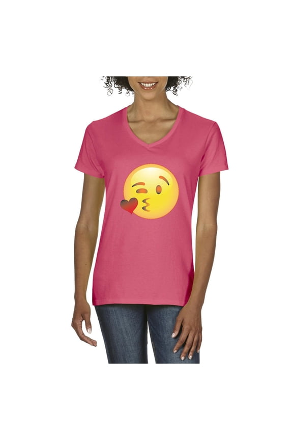 - Women's T-Shirt V-Neck Short Sleeve - Emoji Winky Face