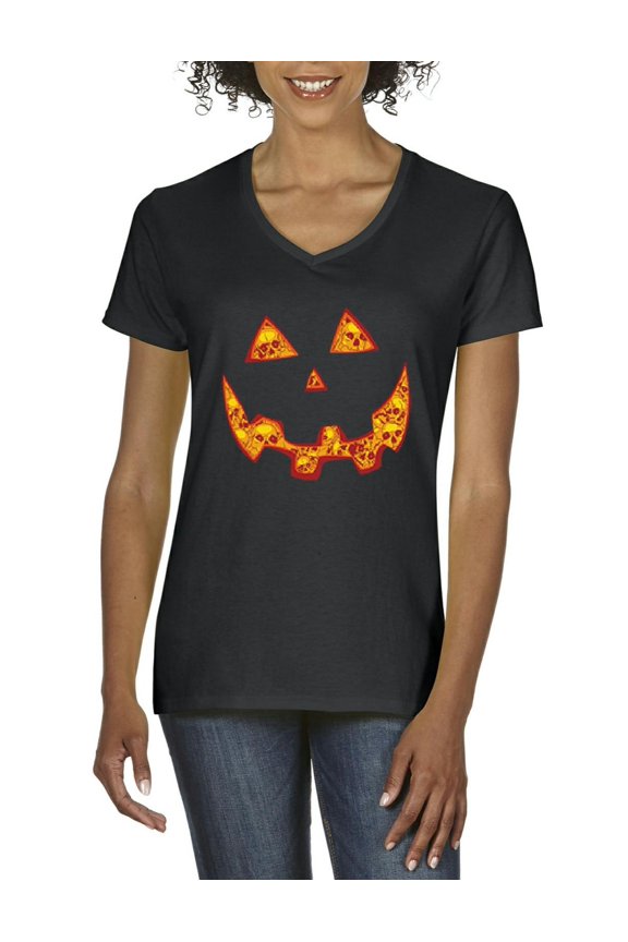 - Women's T-Shirt V-Neck Short Sleeve - Halloween Costume Pumpkin Face