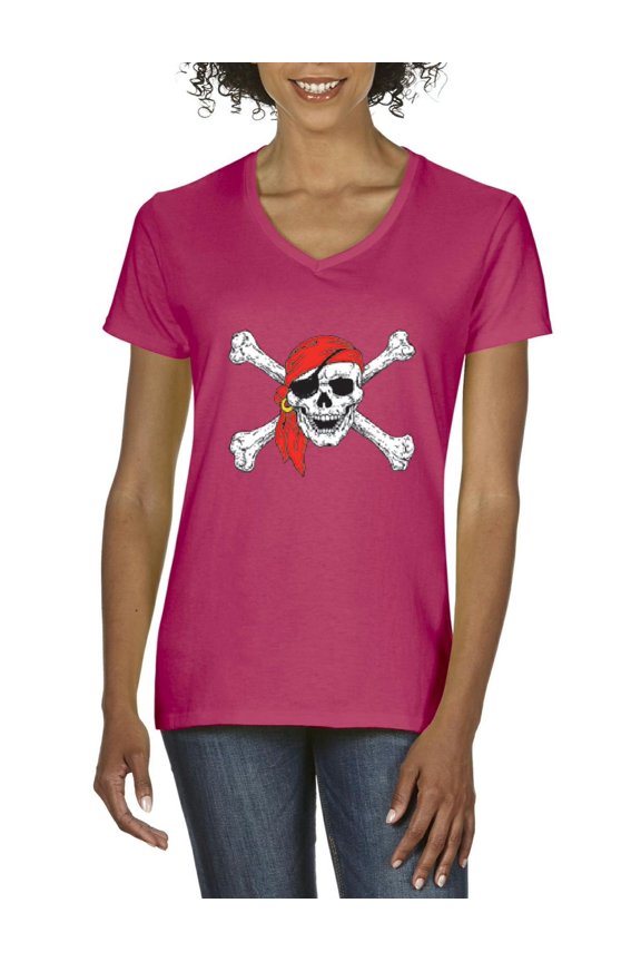 Artix - Women's T-Shirt V-Neck Short Sleeve - Jolly Roger Skull & Crossbones
