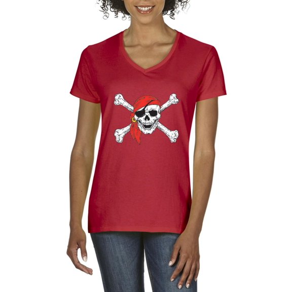 Artix - Women's T-Shirt V-Neck Short Sleeve - Jolly Roger Skull & Crossbones