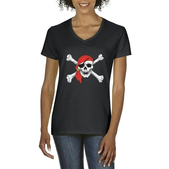 Artix - Women's T-Shirt V-Neck Short Sleeve - Jolly Roger Skull & Crossbones