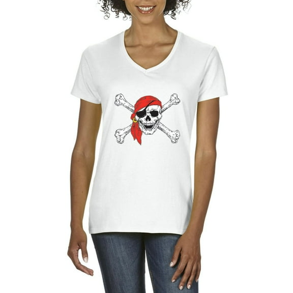 Artix - Women's T-Shirt V-Neck Short Sleeve - Jolly Roger Skull & Crossbones