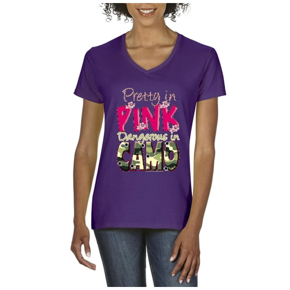 Artix - Women's T-Shirt V-Neck Short Sleeve - Pretty in Pink Dangerous in Camo