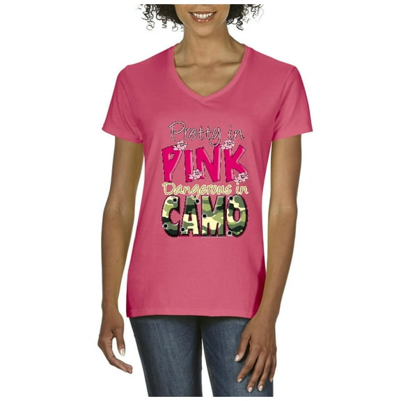 Artix - Women's T-Shirt V-Neck Short Sleeve - Pretty in Pink Dangerous in Camo