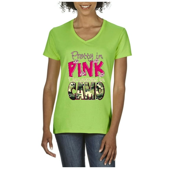 Artix - Women's T-Shirt V-Neck Short Sleeve - Pretty in Pink Dangerous in Camo