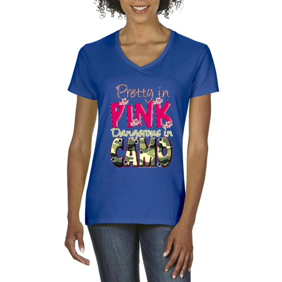 Artix - Women's T-Shirt V-Neck Short Sleeve - Pretty in Pink Dangerous in Camo
