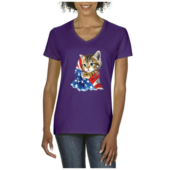 Artix - Women's T-Shirt V-Neck Short Sleeve, up to Women Size 3XL - American Flag 4th of July Kitty