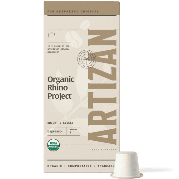 Artizan Coffee Nespresso OriginalLine Capsules Rhino Espresso Dark Roast Organic Compostable Biodegradable 80 Count
