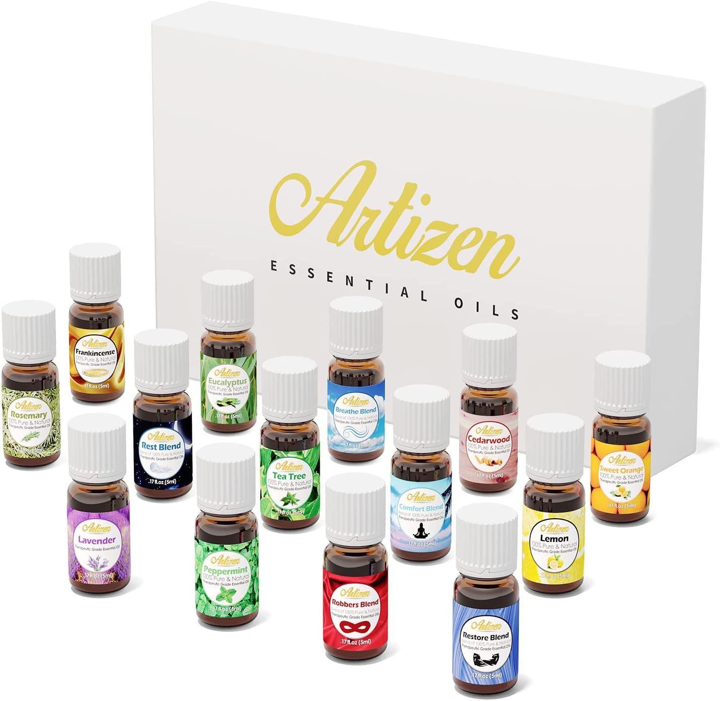 Artizen Top 14 Essential Oil Set for Diffuser, Aromatherapy and Candle Making - Fall Holiday Fragrance Scents with Lavender, Frankincense, Eucalyptus Oils and More - image 1 of 6