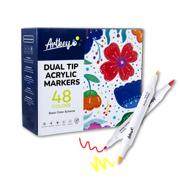 Artkey Acrylic Paint Markers 48 Colors, Dual Tip Acrylic Paint Pens with Brush and Fine Tips for Rock Painting, Canvas, Wood, Glass, Ceramic, Stone, Fabric and DIY Projects