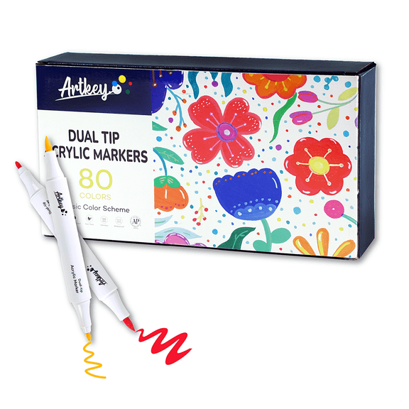 Artkey Acrylic Paint Markers 80 Colors, Dual Tip Acrylic Paint Pens with Brush and Fine Tips for Rock Painting, Canvas, Wood, Glass, Ceramic, Stone, Fabric and DIY Projects